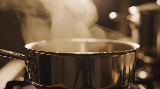 Close-up of a gas stove burner with blue flame and metal pot