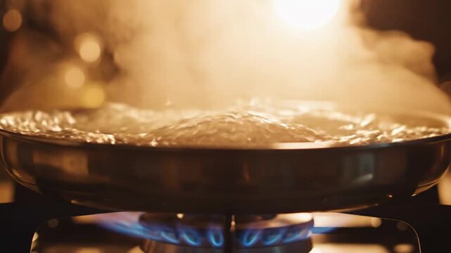 Hot Pan Cooking with Steam and Flame in a Professional Kitchen