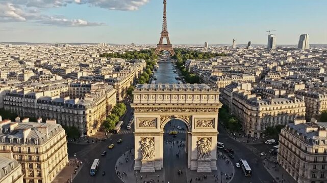 View of Paris featuring Arc de Triomphe and Eiffel Tower during sunset with busy streets and clear sky