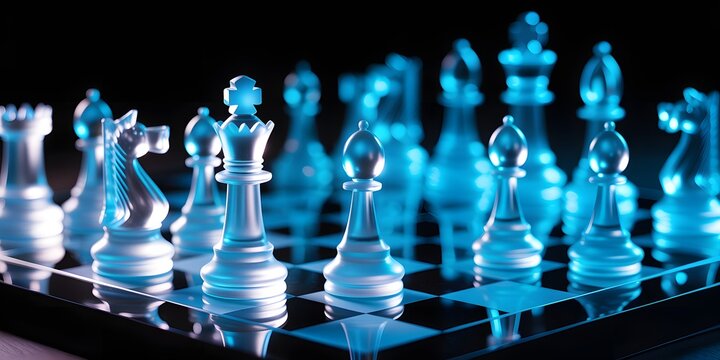 Futuristic chessboard with glowing pieces, strategy and leadership concept, business planning, competition and decision-making metaphor, intelligence, tactics, and innovation background