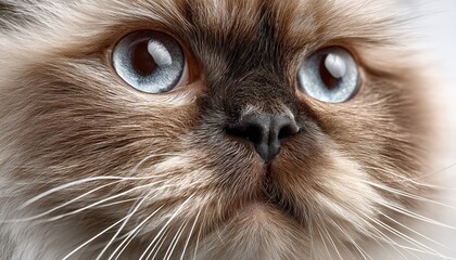 Elegant Himalayan Cat with Striking Blue Eyes and Long Whiskers Posing Against a White Background