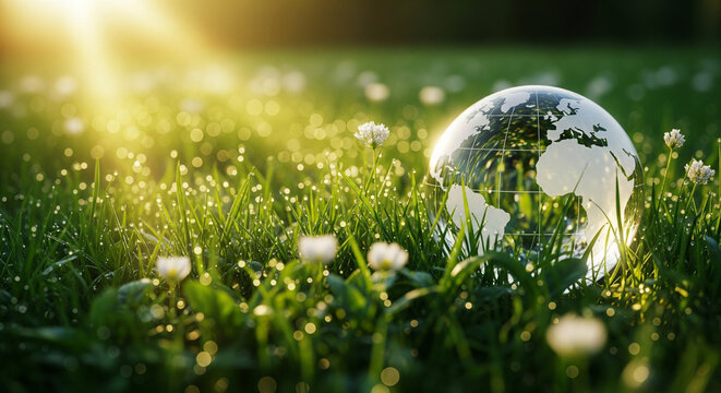 Crystal glass globe resting on dew-covered green grass with white wildflowers at sunrise, symbol of environmental protection and global ecology