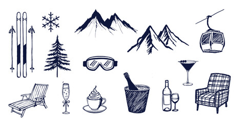 A collection of hand drawn winter and apr s ski themed illustrations including mountains and equipment © Refat