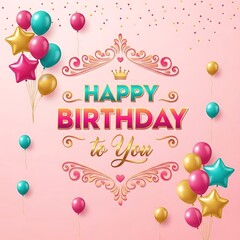 Fototapeta premium Happy birthday card design colorful text with crown stars and balloons
