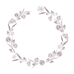 Hand drawn black ink abstract flowers wreath frame border. Illustration isolated on white background. Can be used for postcard, invitation scrapbook and other printed products