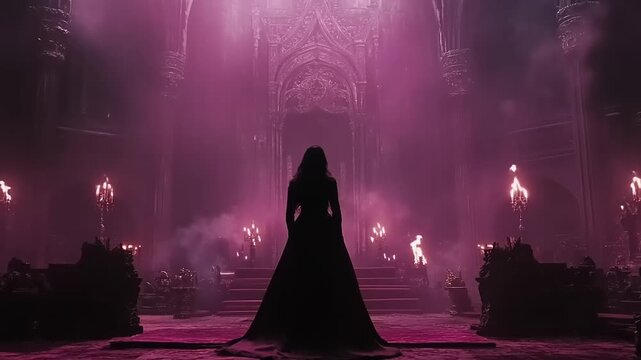 Mysterious Silhouette Woman in Dark Castle Hall with Pink Haze.