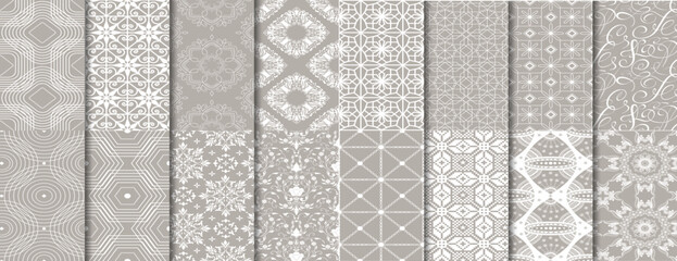 Set of Light Grey Geometric Ornament Seamless Patterns with Mandala and Floral Motifs © AR Vectoria