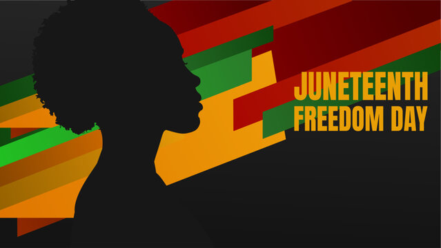 Juneteenth Freedom Day banner with black woman silhouette on colorful abstract background, vector illustration