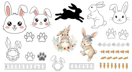 Easter bunny collection various illustrations and decorative elements for spring holidays and celebrations