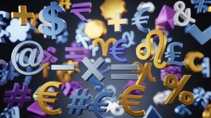 Assorted 3d currency symbols mathematical signs and email at sign floating against dark background with metallic sheen and varied lighting