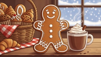 Cozy winter scene with gingerbread man hot chocolate and assorted pastries on wooden table by snowy window