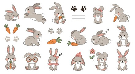 Collection of cute cartoon bunnies in various poses and outfits with carrots and paw prints on white background ideal for easter designs