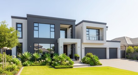 Contemporary Architectural Marvel: A modern luxury property with a striking facade, featuring clean lines, expansive windows, and lush landscaping, showcasing a blend of elegance and comfort.