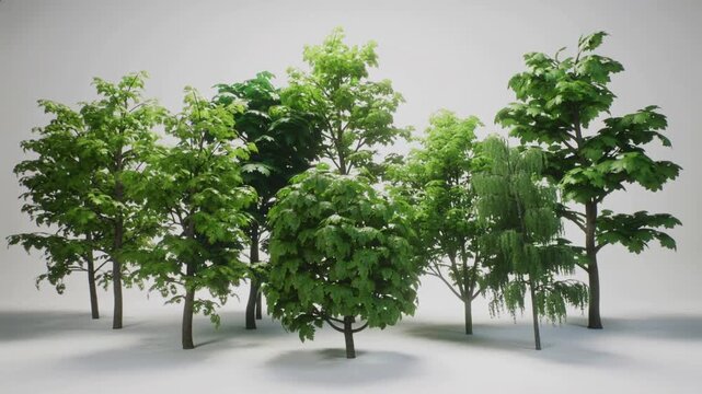 A group of trees with green leaves stands on a white background.