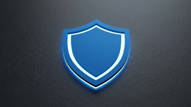 Digital Privacy Protection Icon Visualization, minimalist flat blue shield badge displayed on a matte charcoal surface, crisp geometric design with subtle inner glow and clean symmetrical lines, soft