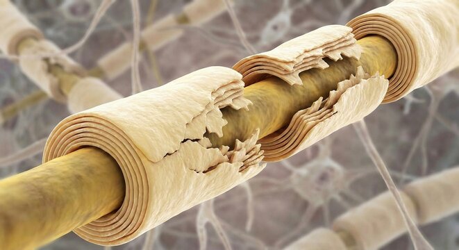 Medical illustration of a damaged myelin sheath on a nerve cell representing multiple sclerosis