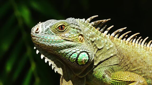 Close-up profile of a green iguana with striking scales and bright eyes in lush foliage.