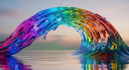Vibrant rainbow wave crashing on calm water surface with colorful reflection at sunset with soft lighting