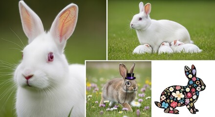 White rabbit with red eyes in lush green grass with other rabbits and colorful floral pattern illustration nearby