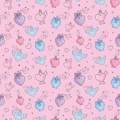 Hand drawn perfume bottles and hearts seamless pattern on pink background