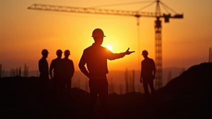 Fototapeta premium silhouette engineer giving orders to construction crew on high ground at sunset blurred natural background safety scene concept of heavy industry, construction management, occupational safety
