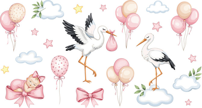 Cute Stork with Baby Bundle Balloons and Clouds Vector Set