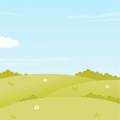 Obraz premium Serene green hills with white flowers under blue sky