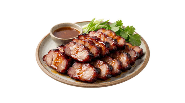 Char Siu pork slices with sauce and fresh cilantro on a plate, traditional Chinese BBQ isolated PNG with Transparent Background