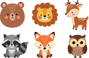 Fototapeta premium Cute Woodland Animals Faces Bear Lion Fox Raccoon Deer Owl Vector