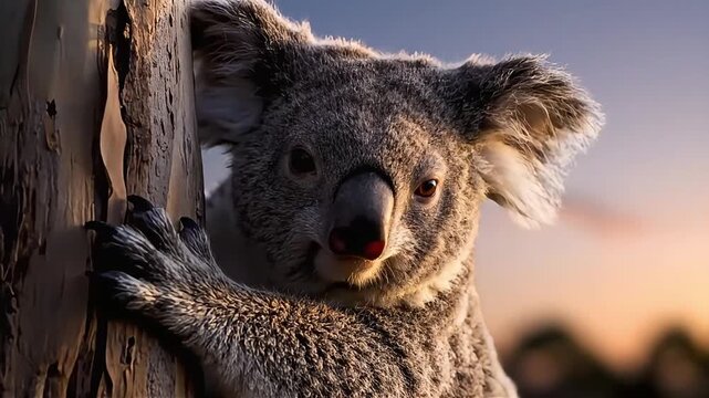 Adorable koala clings to a tree trunk at sunset, with soft golden light illuminating its fur.