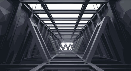 Low-angle shot of a symmetrical abstract steel structure that rises toward a bright sky, creates a sense of progress and innovation. Great for architectural design, engineering.