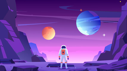 Astronaut gazes at distant planets in a purple rocky landscape © MINA