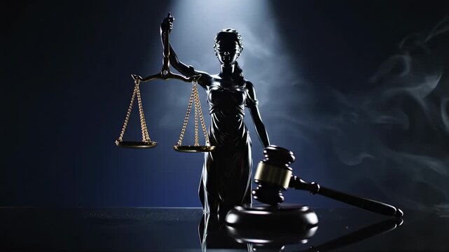 Symbol of justice, Lady Justice statue with scales and gavel in dramatic lighting
