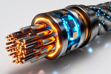 Coupe transversale de c&acirc;ble sous-marin futuriste. Blindage d'acier, cuivre et fibres optiques lumineuses sur fond blanc. Ing&eacute;nierie de pointe et infrastructure r&eacute;seau