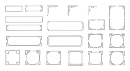 Obraz premium Collection of assorted grey rectangular and square frames with decorative corners on a plain background