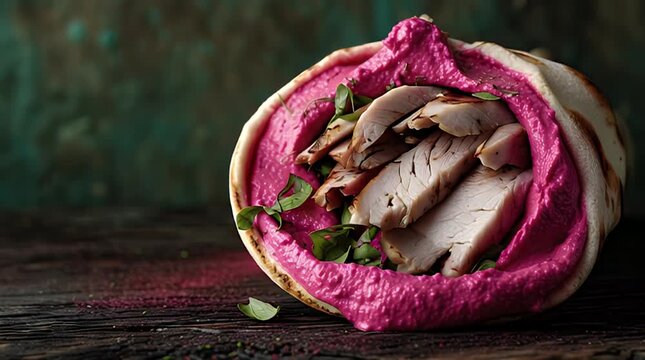 A close-up shot of a wrap filled with sliced meat, a vibrant pink spread, and green leaves. The wrap sits on a dark, rustic wood surface