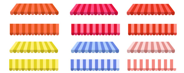 Striped Shop Awnings Set: Vector Illustration of Vintage Market Canopies Isolated on Light Background © shoab
