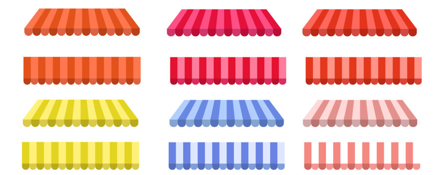 Striped Shop Awnings Set: Vector Illustration of Vintage Market Canopies Isolated on Light Background