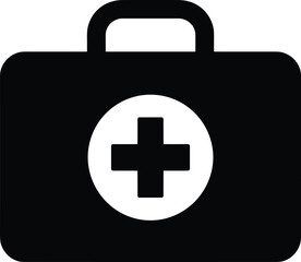 Obraz premium Black medical first aid kit icon with cross symbol isolated on white background, healthcare emergency equipment sign, flat vector illustration design