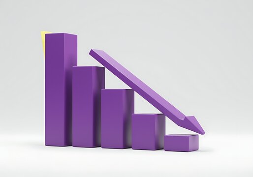 Purple 3D bar chart with decreasing arrow  business statistics and financial data visualization tool
