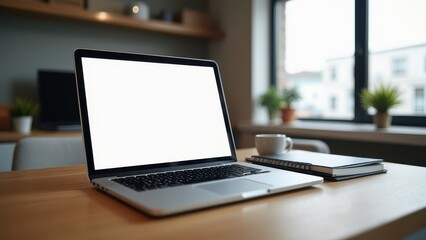 laptop with blank screen on table indoor workspace scene concept of technology business, digital marketing, freelance work