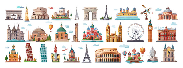 Naklejka premium Europe Landmarks Cartoon Icon Set Featuring Famous Global Architecture