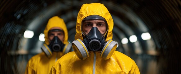 Fototapeta premium Hazmat workers in protective suits feel tense as they inspect the eerie industrial tunnel.