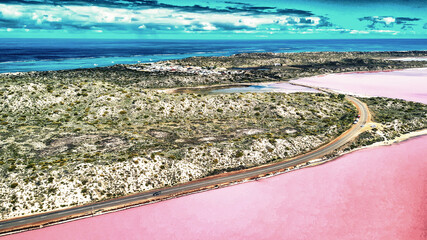 Fototapeta premium Vibrant pink hues of Hutt Lagoon captured from above, a natural wonder in Western Australia