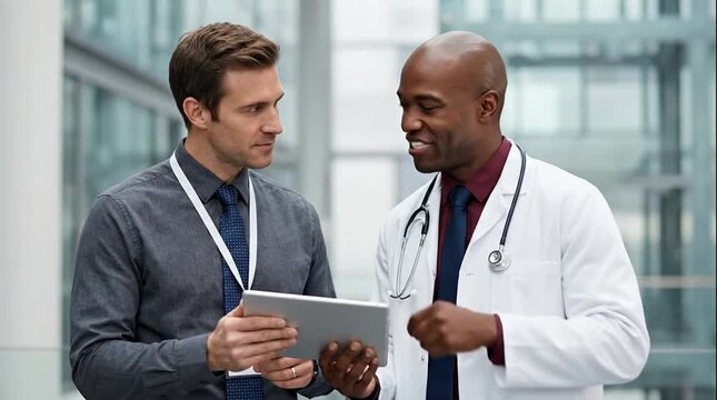 Diverse professionals: Doctor and businessman discuss medical data on digital tablet in modern healthcare facility.