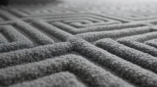 A detailed macro shot shows the texture of a grey textile, arranged in a repeating labyrinth pattern, creating a textured surface