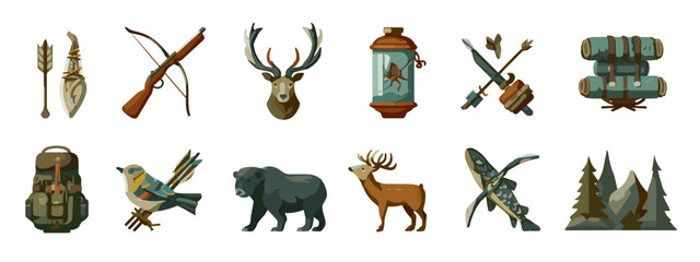 set of hunting item icons isolated on white background 
