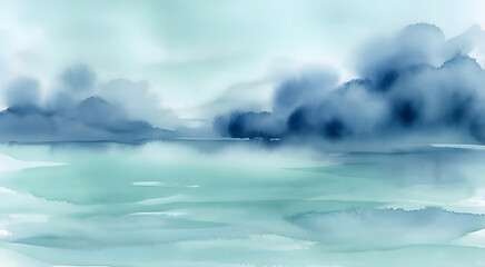 Fototapeta premium Abstract watercolor painting of blue and green water with dark clouds on the horizon in a soft, dreamy style.