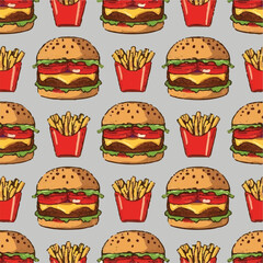  Juicy burgers and crispy fries arranged in a pattern isolated on transparent background