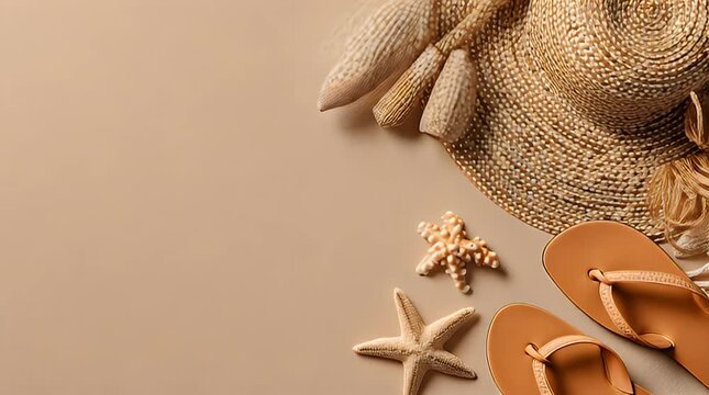 A flat lay showcases a beach theme. Straw hat, starfish, flip-flops, and seashell-like objects against a neutral background